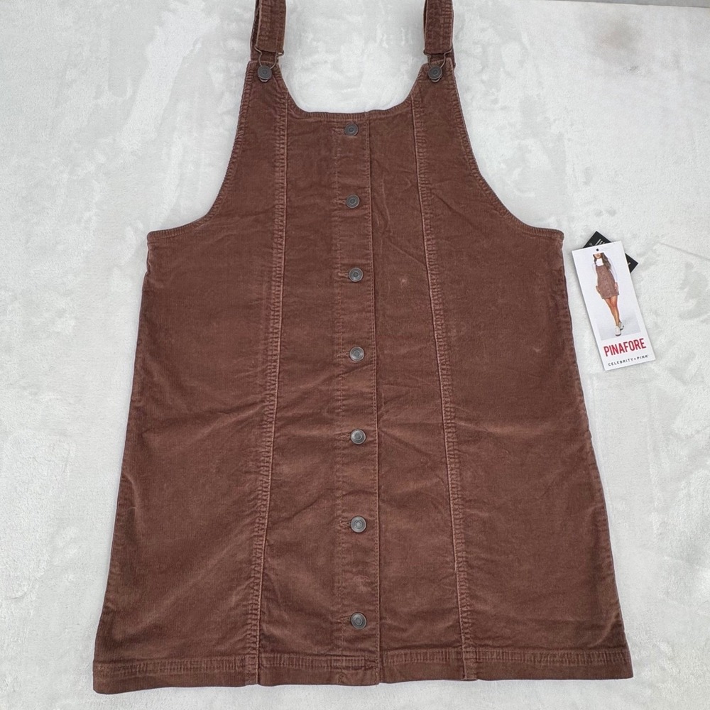 Brown Corduroy Pinafore Button Front Mini Dress Womans Large NEW Celebrity Pink